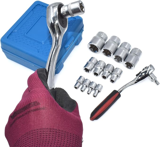 E-Torx Socket Set, 14 Piece Female E-Torx Star Socket Set, 1/4" 3/8" 1/2" Drive, E4 to E24 External Torque E Socket Set, 14pcs Star Socket Kit