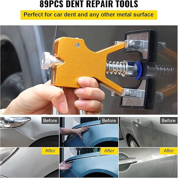 VEVOR Paintless Dent Removal Rods, 89 PCS Paintless Dent Repair Tools, Golden Lifter Puller Car Dent Repair Kit, Glue Puller Tabs Dent Puller Kit for Auto Dent Removal, Minor Dents, Door Dings
