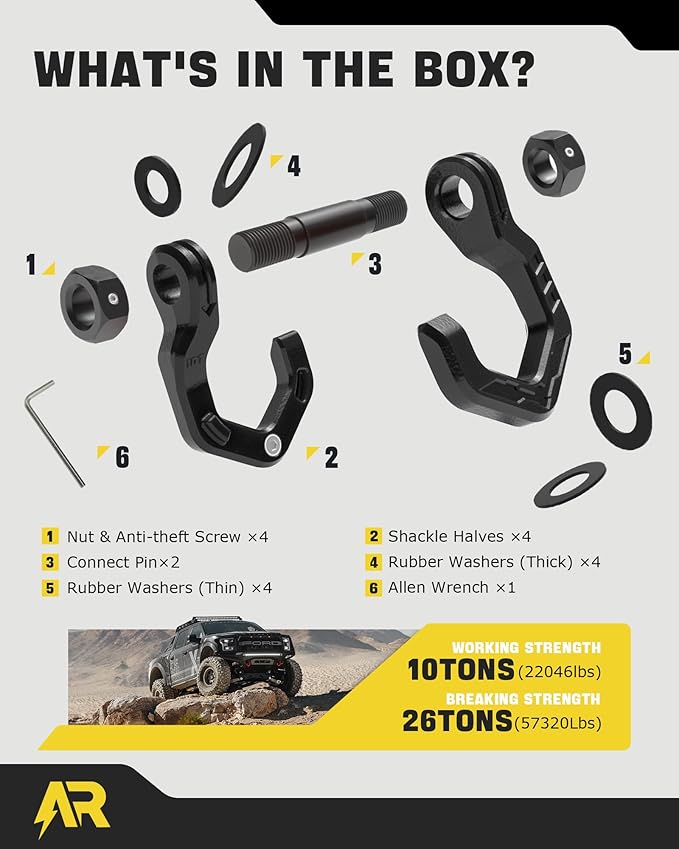D Ring Shackles, 3/4" Separate Shackles with 7/8" Pin, Heavy Duty Recovery Shackle 57320lbs Break Strength, 4x4 Off-Road Recovery Towing Winch Shackles for Trucks, Black Black 2-Pack