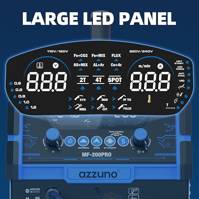 AZZUNO Plasma Cutter Welder Combo 200A, Gas MIG/PULSE MIG/MAG/Flux Gasless MIG/HF TIG/Stick/CUT/SPOT MIG 8 in 1 Multiprocess Welder Machine, 110/220V Dual Voltage Aluminum Welding Machine