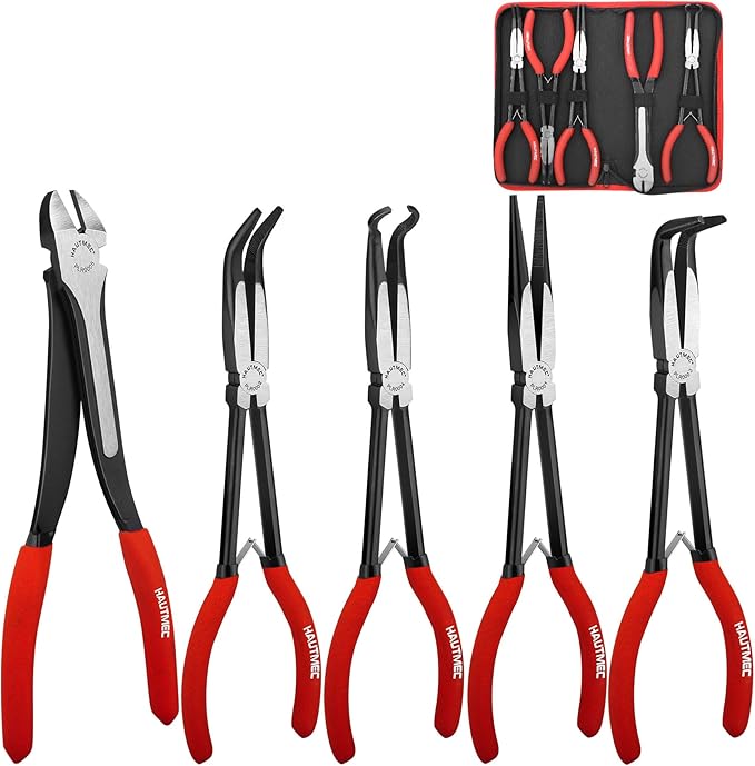 HAUTMEC 11Inch Extra Long Needle Nose Pliers Set, 5PCS Spring Loaded Heavy Duty Long Reach Pliers Include Hose Grip and Diagonal Cutting Plier, Straight and 45/90 Degree Bent Nose Pliers