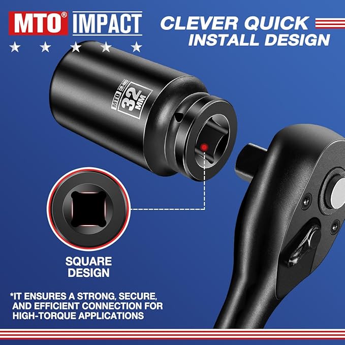 MTO 1/2" Drive 32mm Deep Impact Socket, 6 Pt. Metric Socket, CR-MO Steel & Anti-Corrosion Coating for Heavy-Duty Use