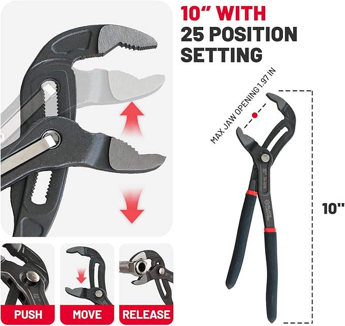 BLACK CANYON Groove Joint Plier 10in, V-Jaw Tongue and Groove Plier with Fast Adjustable 25 Jaw Positions, 50 Cr-V Steel, Ergonomic Handle for Automotive Repairs, Nuts, Bolts, Plumbing, Gripping