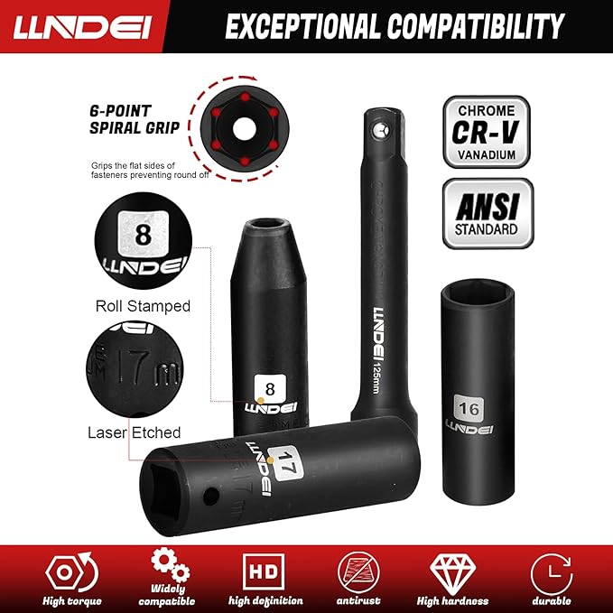 LLNDEI 1/2" Dr. Ratchet Impact Socket Wrench Set,Deep Sockets(8-24mm),Spark Plug Socket(16,21mm),49PCS, CR-V, Metric, With Combination Wrenches (8-17mm)