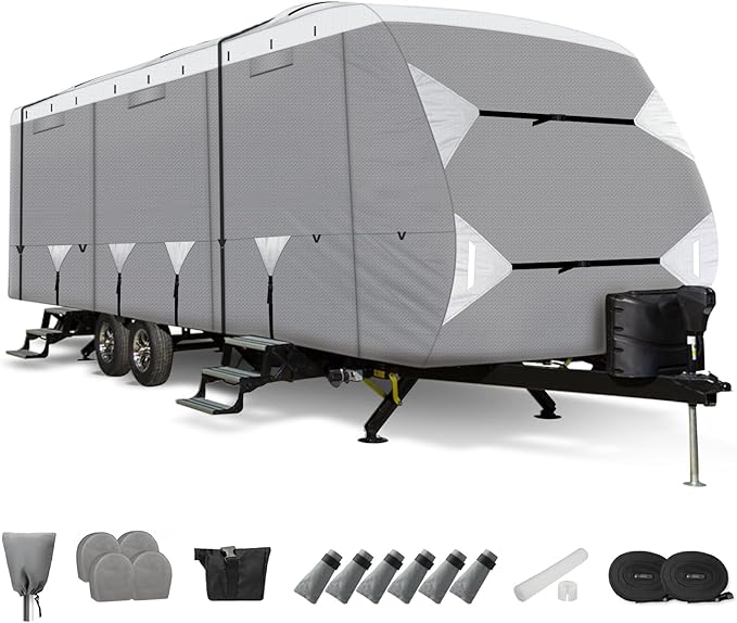 Leader Accessories Travel Trailer RV Cover Windproof Extra Thick Camper Cover with Adhesive Repair Patches (peva/Travel Trailer Cover, Fits 30'-33')