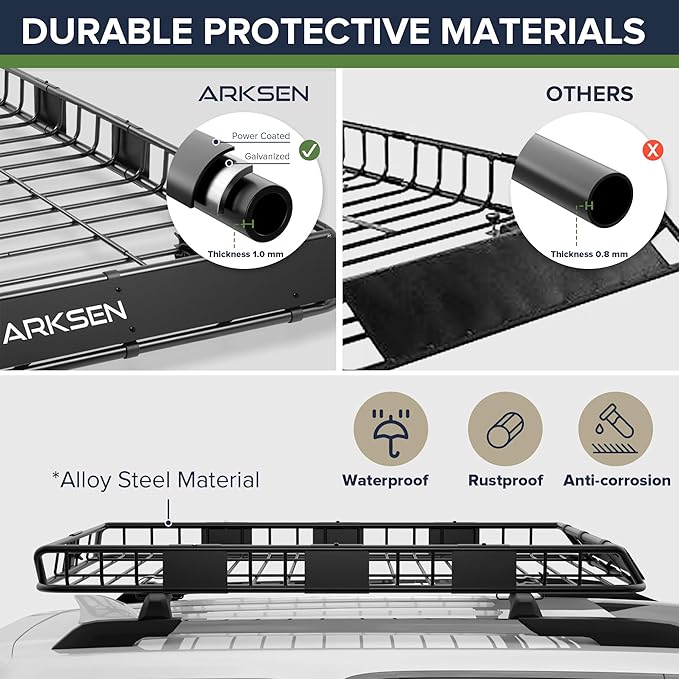 ARKSEN 64 x 39 x 5 Inch Upgrade Universal Roof Rack with Cargo Net, 2 Ratchet Straps - 150Lbs Capacity Heavy Duty Rooftop Cargo Carrier with Extension for Car, SUV & Pickup