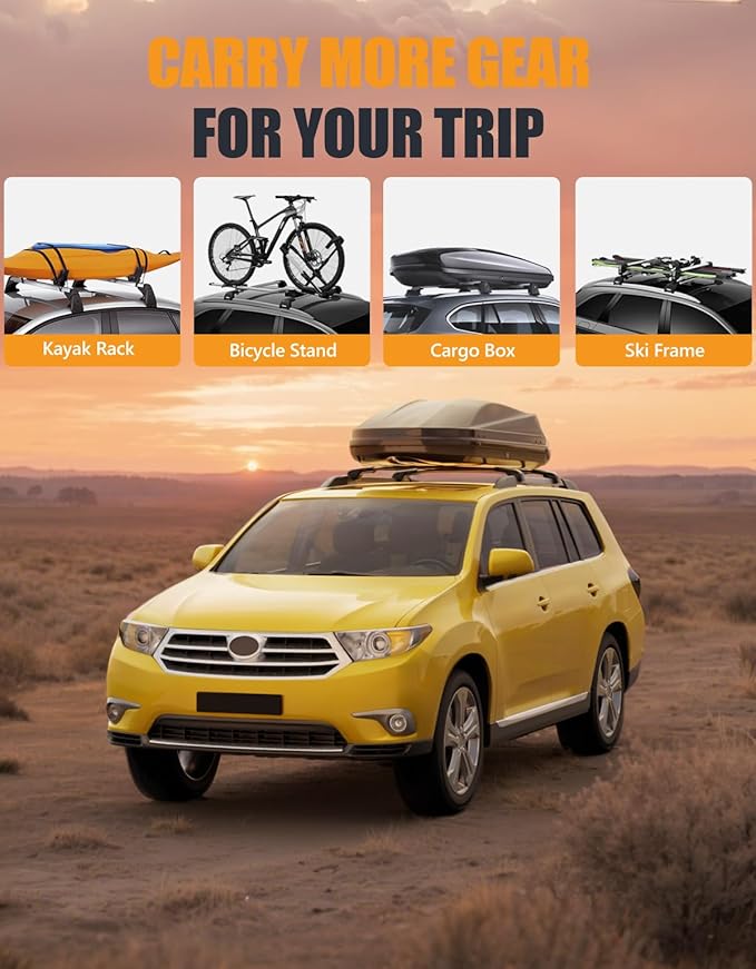 KINGGERI 300lbs Lockable Roof Rack Cross Bars Compatible with Toyota Highlander 2008-2013 with Raised Side Rails, Heavy Duty Aluminum Roof Rails Crossbars Luggage Skiboard Car SUV Accessories