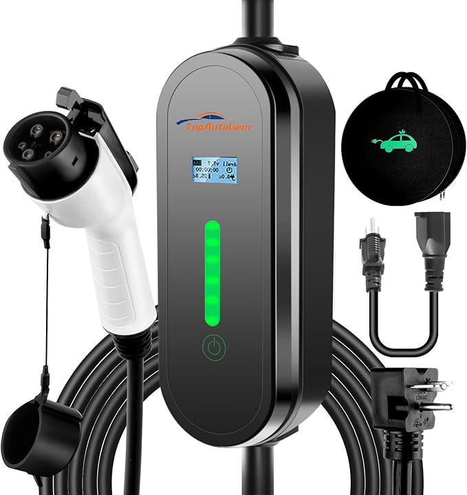 Level 1 and Level 2 EV Charger, 16 Amp 110-240V Portable SAE J1772 Electric Car Charger, Adjustable Current 8A-16A and Time Setting,17FT Level 2 EV Charger Cable NEMA 6-20 Plug (Tesla Require Adapter)
