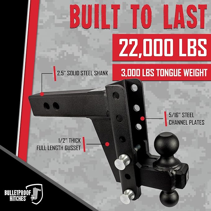 BulletProof Hitches - 2.5" Adjustable Heavy Duty Trailer Hitch (22,000 lb. Rating) - 6" Drop/Rise Trailer Hitch with 2" & 2-5/16" Dual Ball - Powder Coat, Solid Steel, Corrosion-Resistant
