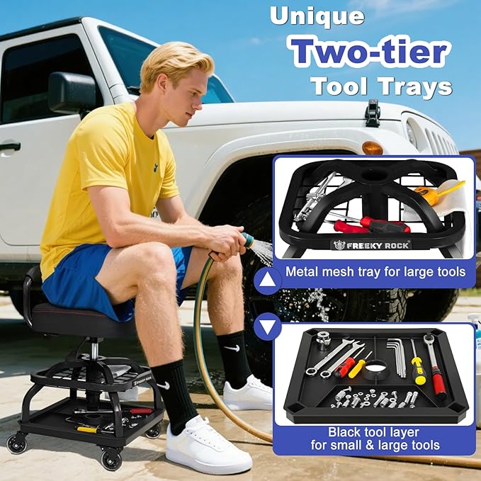 Rolling Shop Stool with Wheels, Garage Mechanic Shop Chair with Handle Backrest, Adjustable Height Work Stool, Roller Seat with Tool Tray Storage, Heavy Duty, 330 LBS Capacity, Black