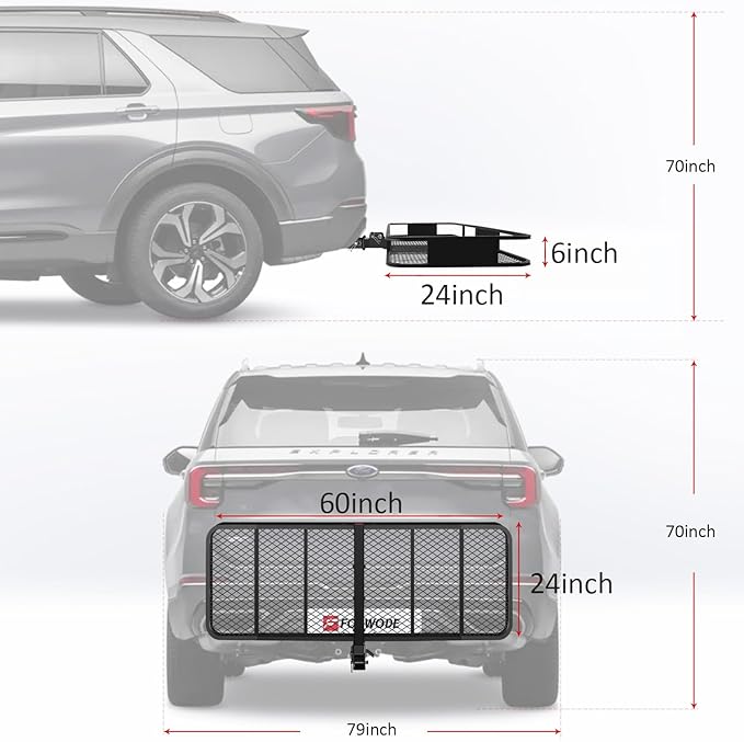 FORWODE 60x24x6 Hitch Carrier for 2 Inch Receiver, 500LB Capacity Hitch Mount Rack with Folding Cargo Basket, Rust-Resistant Coat, Includes Cargo Bag