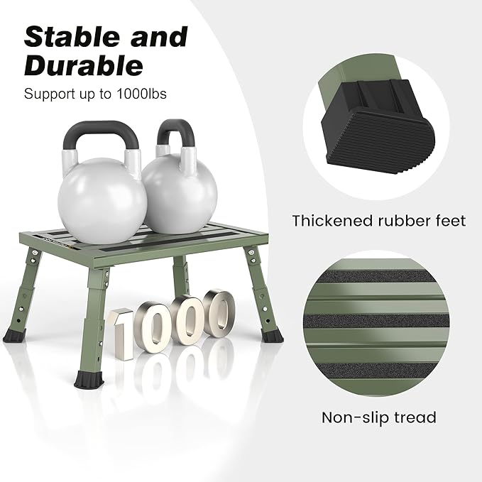 Adjustable RV Step Stool, 3-Step Height Adjustment, Foldable Legs, Wide Anti-Slip Surface,Supports Up to 1,000 lb, Premium Aluminum Construction Easy to Carry (Army Green)