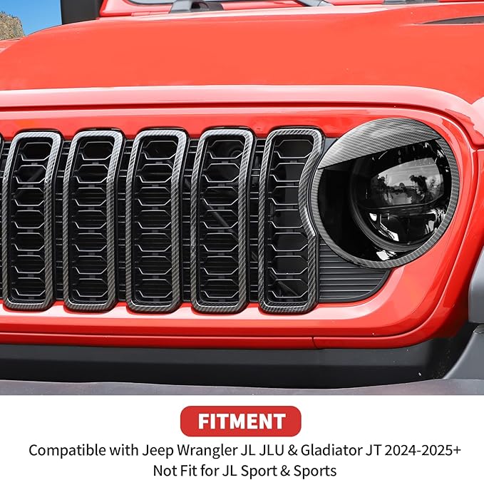 Front Grill Insert+ Headlight Bezels Cover Kit Compatible with 2024-2025+ Jeep Wrangler JL JLU & Gladiator JT, Not Fit for JL Sport & Sports(Carbon Fiber,Style A)