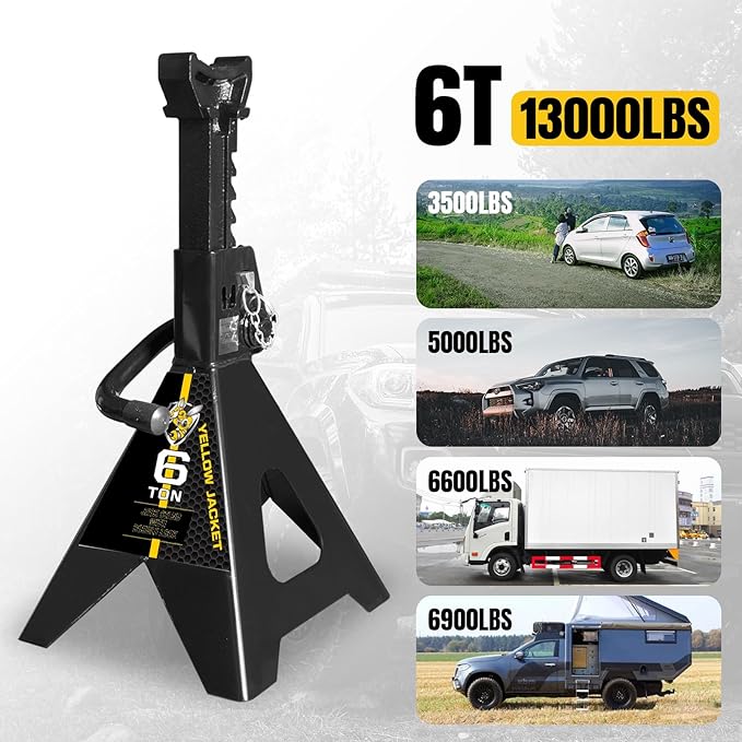 YELLOW JACKET Jack Stands 6 Ton with Double Locking for Lifting Car SUVS, Heavy Duty Steel, 13000 lb Capacity, 1 Pair, Black