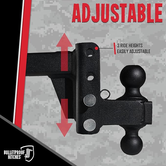 BulletProof Hitches - 2.0" Adjustable Medium Duty Trailer Hitch (14,000 lb. Rating) - 2" Drop/Rise Trailer Hitch with 2" & 2-5/16" Dual Ball - Powder Coat, Box Steel, Corrosion-Resistant