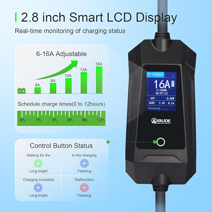 Level 1 & 2 EV Portable Charger up to 16Amp, 110V / 240V with 25ft Cable for Tesla NACS, NEMA 5-15 & 6-20 Plug Indoor/Outdoor EVSE, Home/Travel Electric Car Charging Station