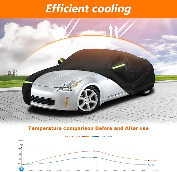Car Cover Waterproof for 2003-2009 Nissan 350Z, Waterproof 210D Oxford Cloth and Cotton Cover Outdoor Full Car Covers with Zipper Windproof Heavy Duty All Weather with Wind, Sun, UV and Dust Protectio