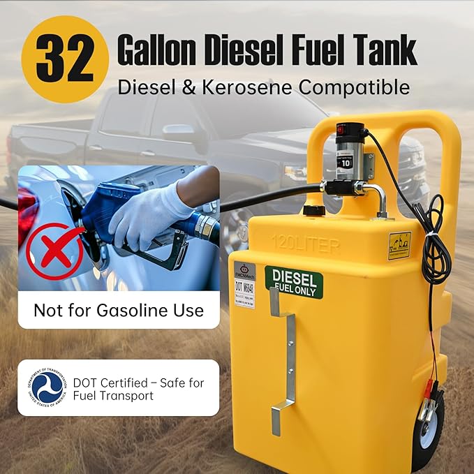 32 Gallon Diesel Transfer Tank with 12V Electric Pump, 10 GPM Flow, HDPE Portable Fuel Caddy with Auto Shut-off Nozzle & Wheels, Heavy-Duty Diesel Tank for Trucks, Tractors and Construction Equipment