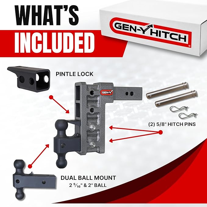 GEN-Y Hitch Adjustable Trailer Hitch for 2-Inch Receiver - 7.5" Drop, 16000 lbs Towing, 2000 lbs Tongue Weight, Includes Dual Ball-Mount Attachment (2 5/16" & 2"), Pintle Lock, 2 Stainless Steel Pins