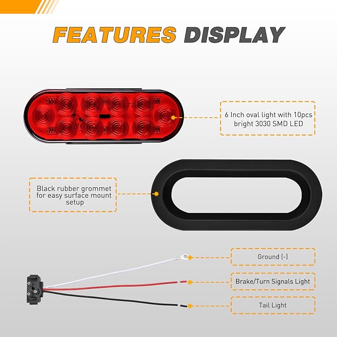 GOOACC 6Inch Oval Trailer Tail Light 4PCS 10LED Red Stop Brake Turn Signals Lights w/Surface Mount Grommets Plugs IP67 Waterproof for Truck RV Tractor