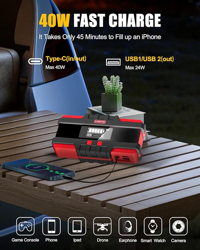 PJS06 Pro 4000A Car Jump Starter - Portable Power Bank with 40W Fast Charge, 10L Gas/9L Diesel Engine Starter, 3S Quick Start, Voltage Detector, LED Light, 10 Protections