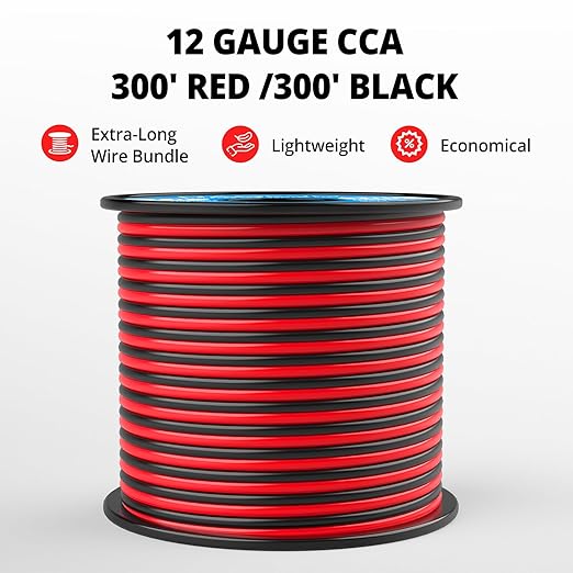 NAOEVO 12 Gauge Wire 300FT, 2 Conductors Electrical Wire Red Black Cable, Flexible/Low Voltage/PVC 12 AWG Copper Clad Aluminum Extension Cord for Speaker, LED Strips, Automotive 12V/24V DC