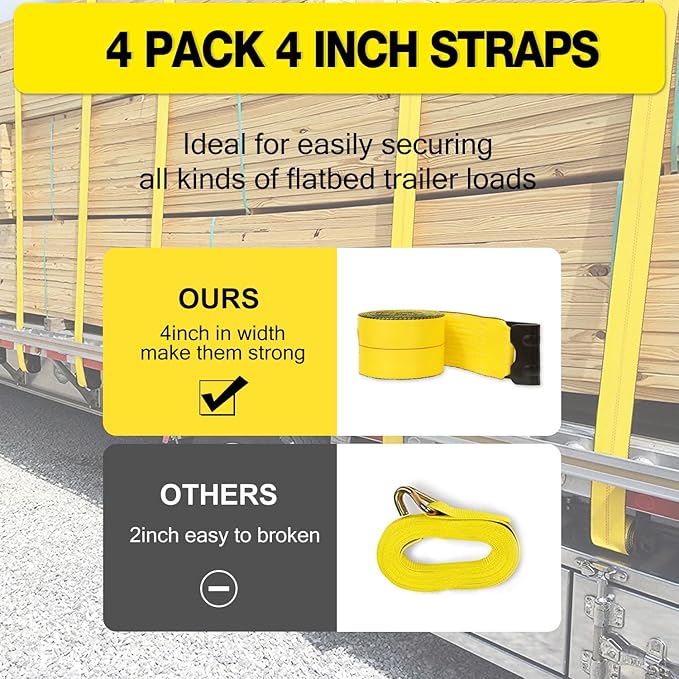 4" x30' Winch Straps with Flat Hook Flatbed Tie Downs Truck Straps 5,400lbs Load Capacity Cargo Control for Flatbeds, Trucks, Trailers, Farms, Rescues, Tree Saver, Yellow(4 Pack)
