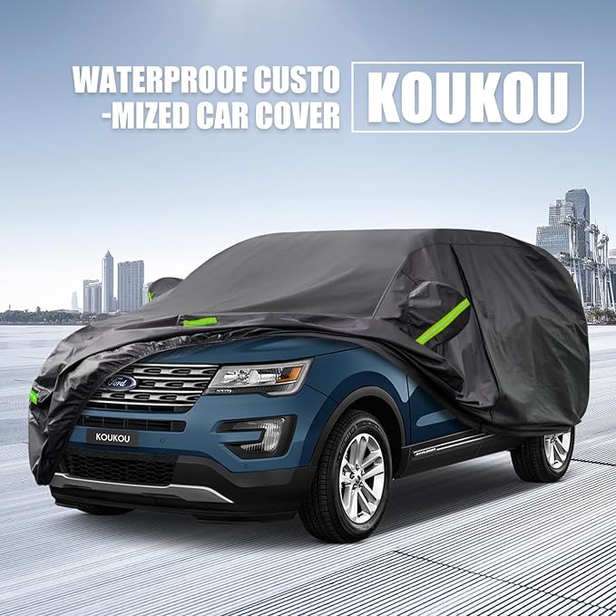 KouKou Waterproof SUV Car Cover Suitable for Ford Explorer from 1995 to 2025, 7 Layers Windproof All Weather Waterproof Outdoor Cover Sun Rain UV Dust Snow Protection. Black