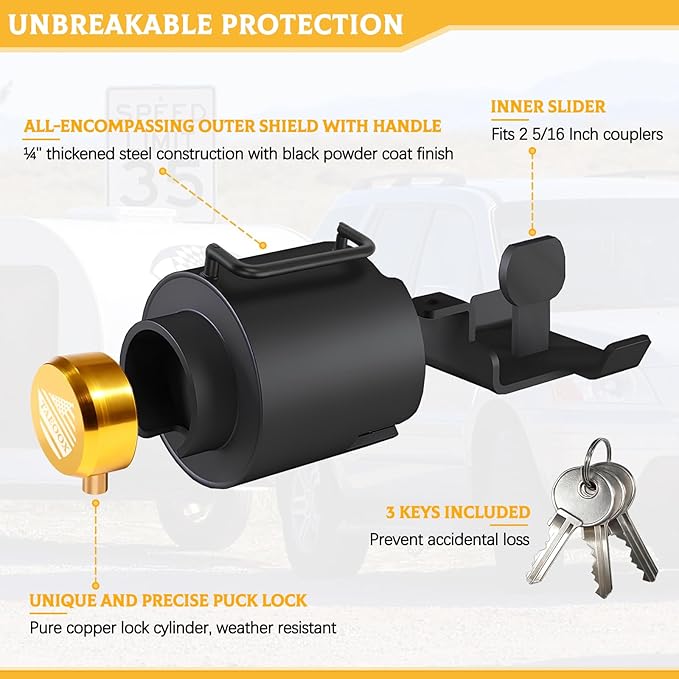 Upgraded Trailer Lock Fits 2 5/16 Inch Coupler, Heavy-Duty Trailer Hitch Locks, Pry-Resistant & Anti-Theft Trailer Coupler Lock, Accessories for Trailer/RV/Boat (Trailer Lock with Handle - Gold)