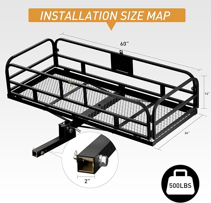 Wildroad Hitch Mount Cargo Carrier Basket 500 LBS Folding Vehicle Cargo Baskets 60" x 24" x 14" Fits 2" Receiver with Waterproof Cargo Carrier Bag and Hitch Tightener Fastener