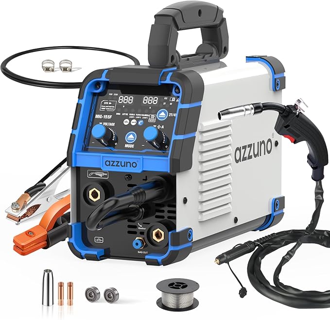 AZZUNO Aluminum MIG Welder 155Amp, Dual Vlotage 110V/220V 5-in-1 Welder Machine Gasless MIG/Gas MAG/Aluminum MIG/Stick/Lift TIG Welding, Multiprocess Welding Machine