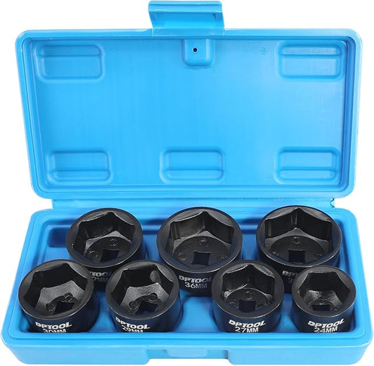 7 Pcs Low Profile Oil Filter Socket Set 6 Point Canister Oil Filter Cap Wrench Remover and Installer Tool Kit Compatible with VW BMW V0lVO Chevy Etc with 3/8" Drive 24mm 27mm 29mm 30mm 32mm 36mm 38mm