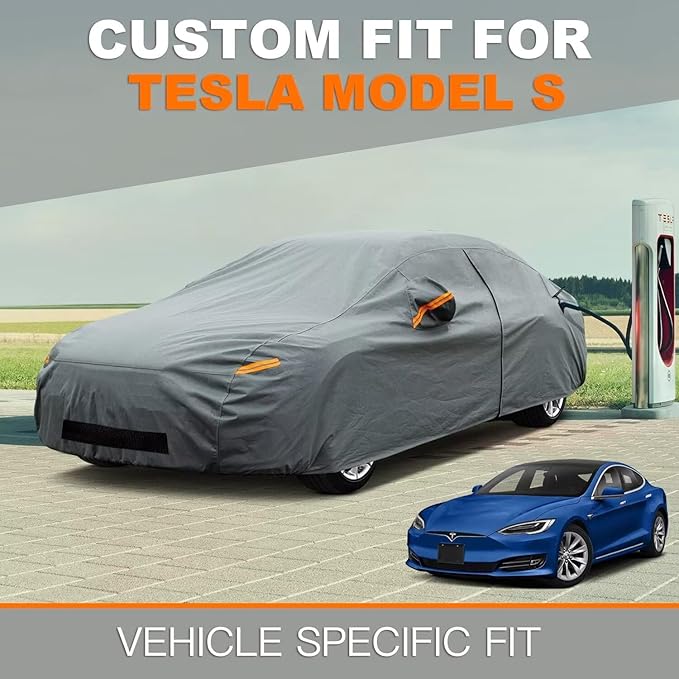 Kayme Heavy Duty Car Cover Waterproof All Weather, Custom Fit for Tesla Model S, Outdoor Full Exterior Cover with Charging Port and Breathable Ventilation Mesh, Sun and Rain Protection.