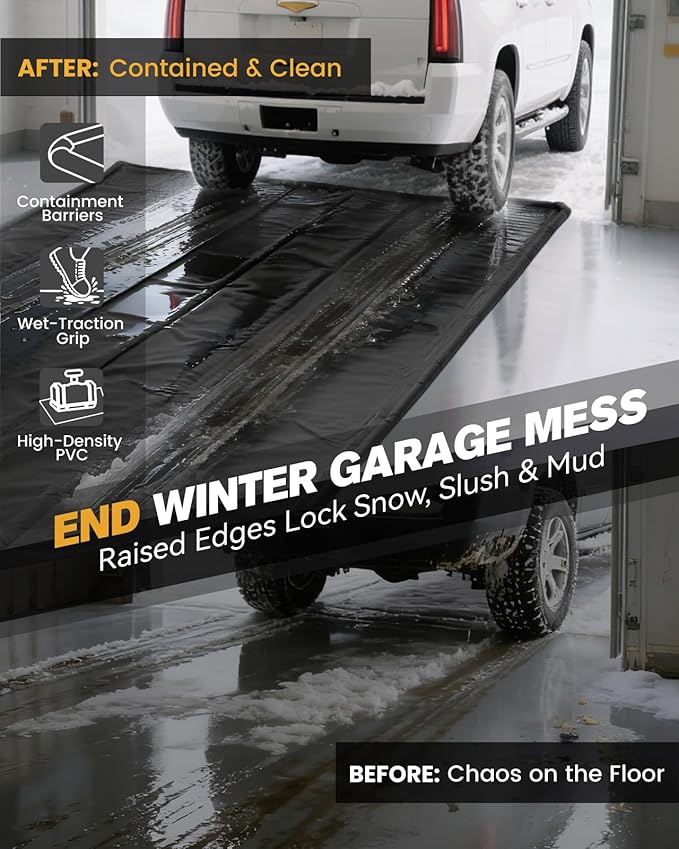 Garage Floor Mat, Containment Mats for Under Car with Raised Edge Waterproof, Non-Slip Heavy-Duty 1000D PVC for Floor Against Snow, Rain & Mud