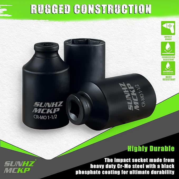SUNHZMCKP 1/2 Inch Deep Drive Impact Socket, SAE 1-1/2 Socket, CR-MO, 6 Point Axle Nut Socket for Easy Removal of Axle Shaft Nuts (1-1/2 inch)