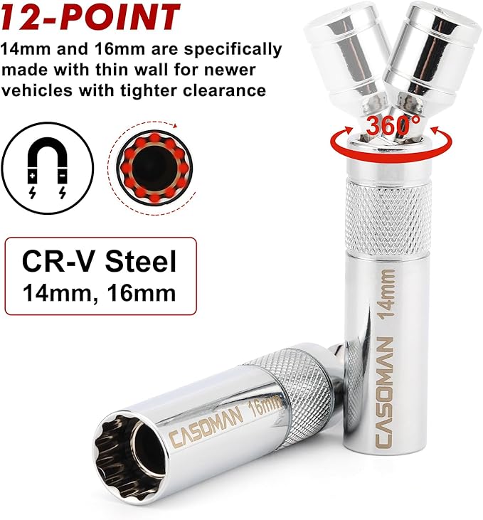 CASOMAN 10PCS 3/8"Drive Magnetic Spark Plug Socket Set, 6PT&12PT, Include Extension Bar, Universal Joint & Spark Plug Gapper, CR-V Steel