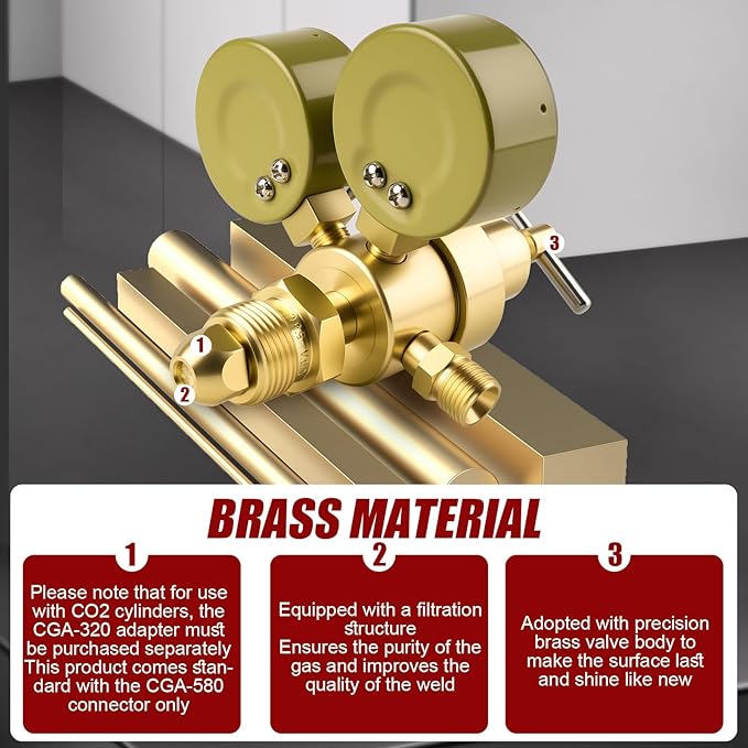 Argon Co2 Regulator, Welding Argon Gas Regulator for TIG and MIG, Dual Gauge Co2 Regulators with 6.6FT Welding Gas Hose, CGA580 Inlet Connection, 0-4000PSI Input Pressure