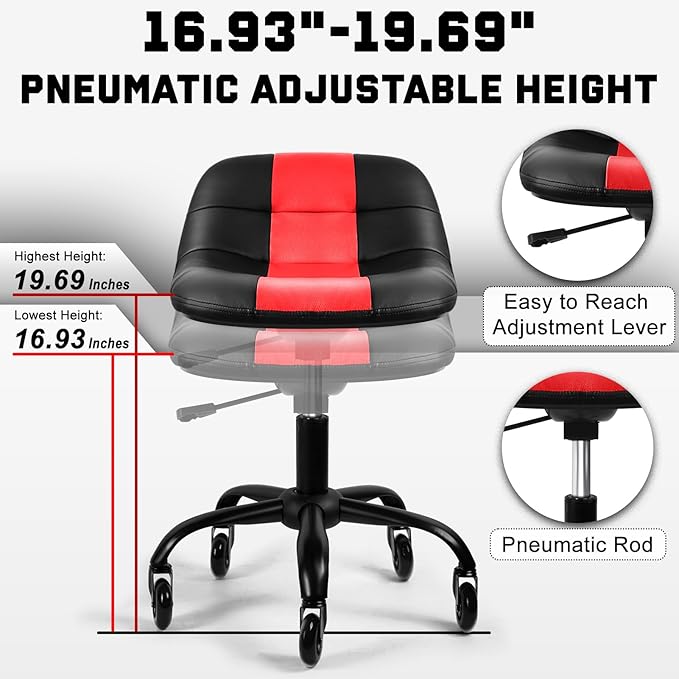 Rolling Shop Stool with Wheels, Rolling Stool with Back Support, 360° Swive Garage Chair, Height Adjustable Chair 330lb Heavy Duty for Spa Salon Massage Home Office Tattoo (Red)