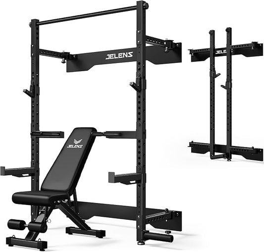 Folding Squat Rack, Wall Mounted Power Rack for Home Gym, Space Saving Multi-Functional Power Cage with Attachments
