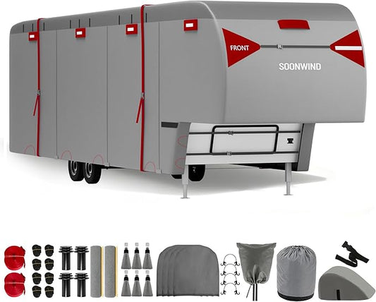 Heavy Duty 7 Layers 5th Wheel RV Cover, Camper Cover & Travel Trailer Cover 40-44ft, Waterproof Windproof All-Weather Protection with Gutter & Tongue Jack Covers Reinforced Straps - Red
