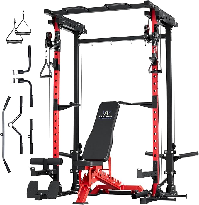 MAJOR FITNESS Drone3 Power Cage - Multi-Function Power Rack for Home Gym, Squat Rack with Pull-up Bar, Cable Crossover System, J-Hooks, for Strength Training, Heavy-Duty Steel Construction