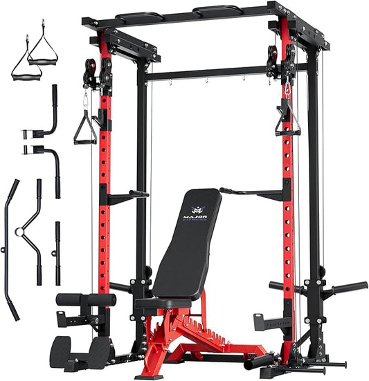 MAJOR FITNESS Drone3 Power Cage - Multi-Function Power Rack for Home Gym, Squat Rack with Pull-up Bar, Cable Crossover System, J-Hooks, for Strength Training, Heavy-Duty Steel Construction