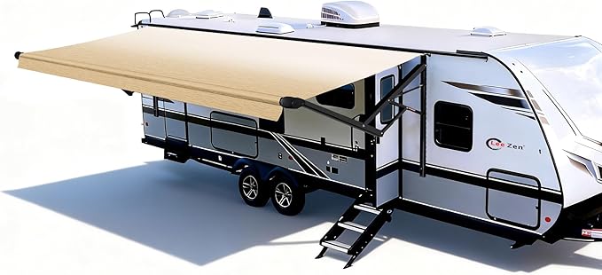 RV Electric Retractable Awning, Black Frame and Fabric Assemblies Full Set for RV, 5th Wheel,Travel Trailers,Motorhome Trailer Awning for Home or Camper - Sand Fade, 12Feet(Fabric 11'2")