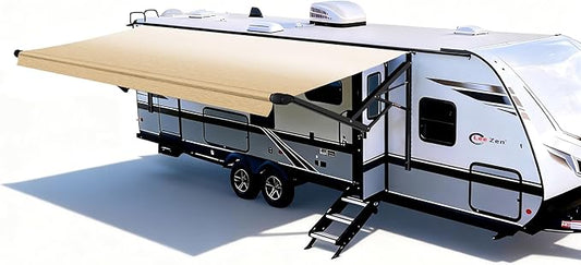 RV Electric Retractable Awning, Black Frame and Fabric Assemblies Full Set for RV, 5th Wheel,Travel Trailers,Motorhome Trailer Awning for Home or Camper - Sand Fade, 13Feet(Fabric 12'2")