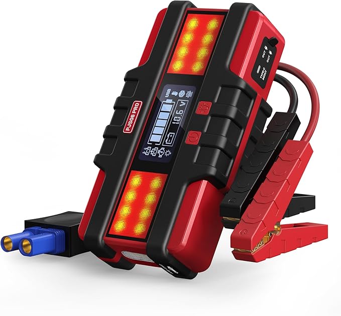 PJS06 Pro 6000A Car Jump Starter (All Gas & 12L Diesel), 74Wh Portable Power Bank with 40W Fast Charge, Smart LCD Voltage Display, Large Screen Warning Light, 10-Safety Protections