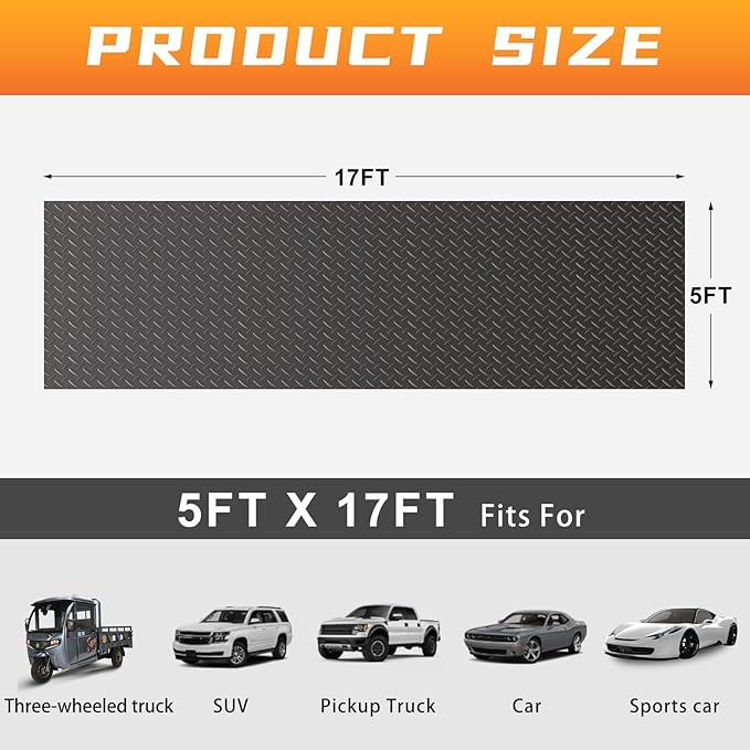 Boshen 5x17FT Garage Floor Mat, 2.5mm Thickened Diamond Plate PVC Rubber & Vinyl Flooring Roll, 85 SQFT Non-Slip Rubber Garage Mat for Floor Under Car Protection - Grey