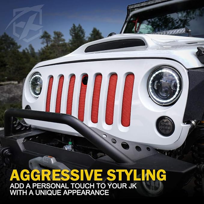 Xprite Red Aluminum Alloy Mesh Grill Insert with Hood Lock Hole Compatible with 2007-2018 Jeep Wrangler JK JKU Stock Grille