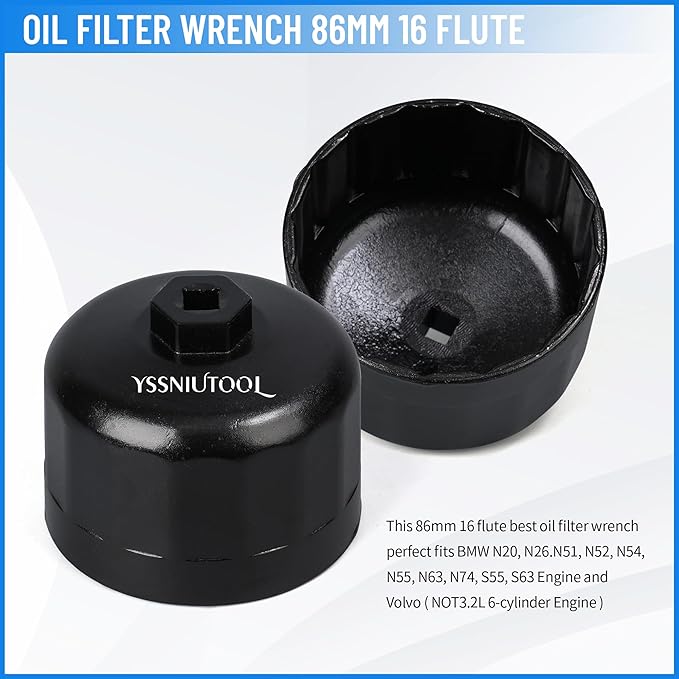 86.6mm 16 Flutes Oil Filter Wrench for Volvo and BMW With 86mm 16 Flutes Cartridge Style Oil Filter Housing Caps, Oil Filter Removal Tool For Changing Oil (black)