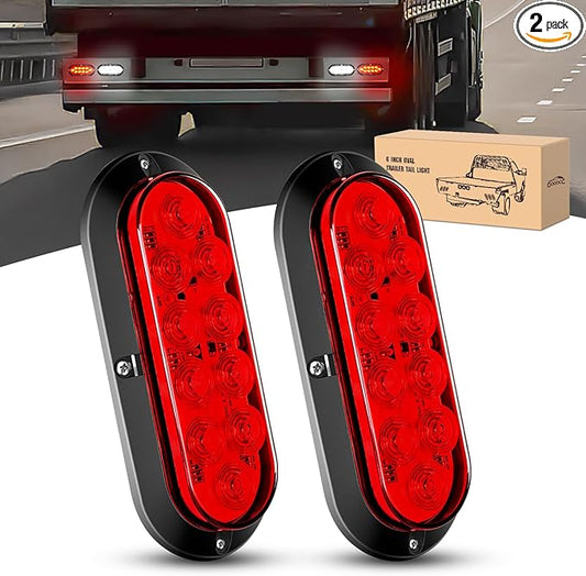 GOOACC 6Inch Oval Tail Light 2PCS Red 10LED Brake Stop Turn Signals Lights Surface Mount IP67 Waterproof for Trailer Truck RV Tractor Lorry Camper Van