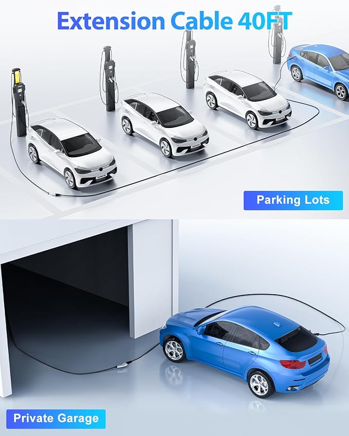 J1772 Extension Cable, EV Charger Extension Cable 40A 40FT Charging Cord for Electric Vehicle 110V-240V Compatible for All SAE J1772 Chargers (40A - 40FT)